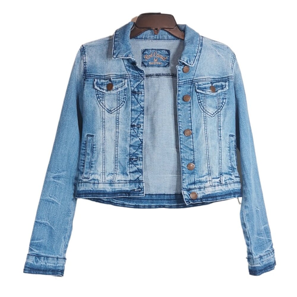 Vintage 90's Denim Jacket Girls Medium Light Wash Y2K Red Camel Trucker Jacket